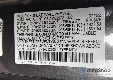 2022 Honda Cr-V 2Wd Ex z USA, uszkodzony, nr VIN 5J6RW1H55NA012300